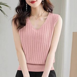 Summer Korean-style Vest Loose Sling Meat Covering All-match Thin Sleeveless Knitted Top Striped Elegant Waistcoat