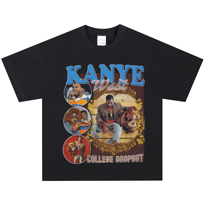 Kanye West Hip-Hop Rapper American Retro T-Shirt Street Heavy Distressed Short-Sleeved Vintage Long-Sleeved