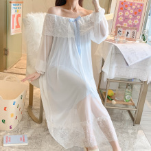 春季新款仙女风人棉网纱睡裙女一字肩长袖睡裙性感蕾丝公主家居服