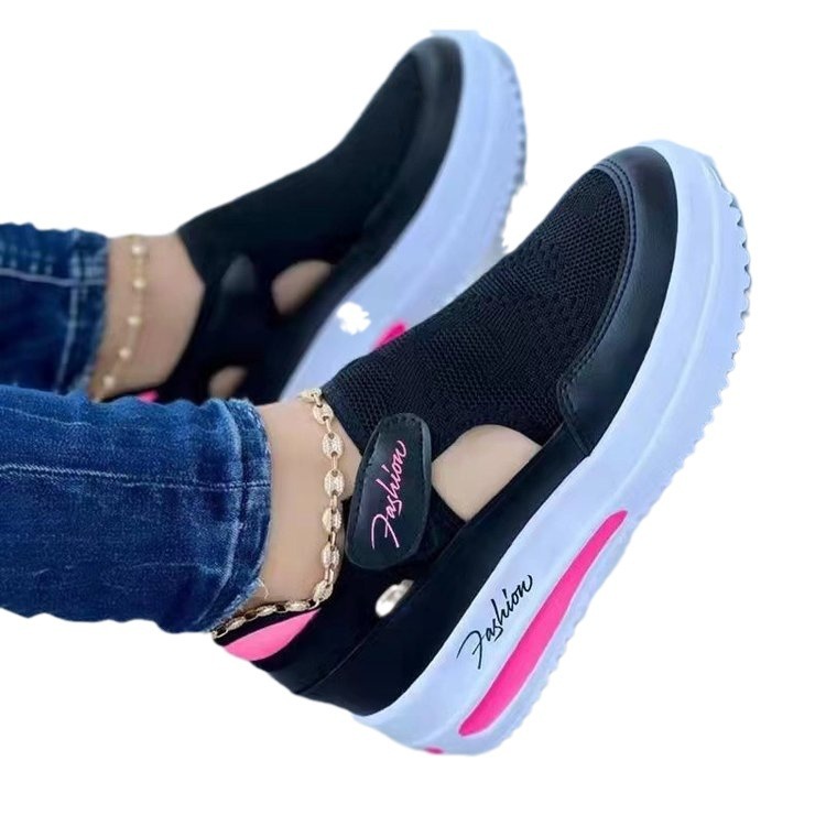 Verano transfronterizo más tamaño Flyknit transpirable zapatos casuales plataforma de cuña hueco Velcro punta redonda zapatos de mujer bajos