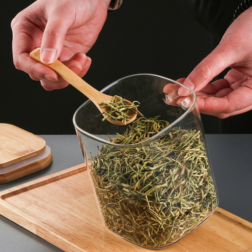 High borosilicate glass high-temperature resistant square tea snack storage jar with wooden spoon lid, five-grain glass sealed jar