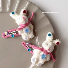 韓国の甘い風の青い白いウサギのかわいいバラの純粋な手作りのぬいぐるみのヘアピンの髪飾り
