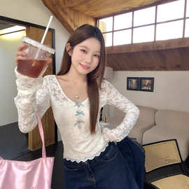 2025甜辣妹蝴蝶结修身长袖蕾丝衫女装早秋2024新款