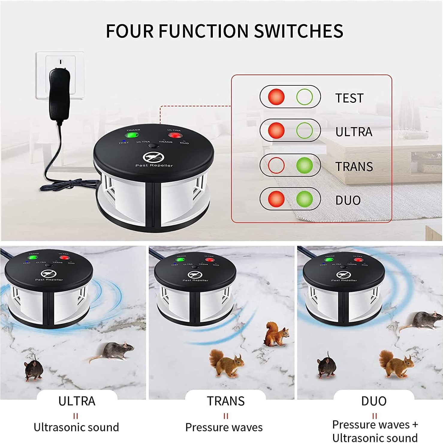 Repelente de insectos ultrasónico de 360 grados repelente de ratón ultrasónico de ardilla