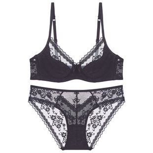 New French-Style Women's Summer Lingerie Set with Thin Soft Underwire Lace Bra for a Smaller Bust Appearance, Sexy Lingerie Set