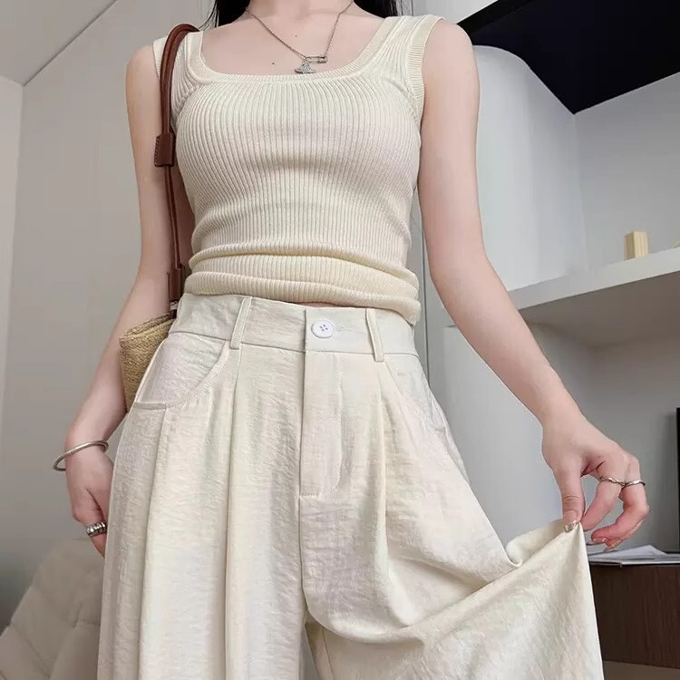 2025夏季款白色裤子女薄款高腰垂感宽松直筒裤慵懒松弛感阔腿裤|undefined