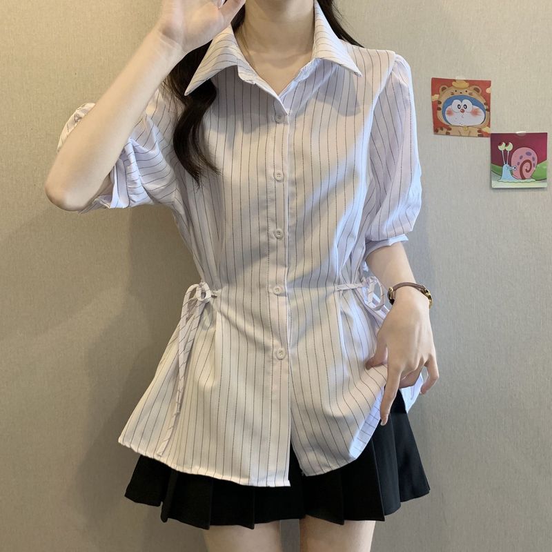 蓝色条纹女装法式短袖气质衬衫夏季大码2025收腰新款显瘦上衣白色|undefined