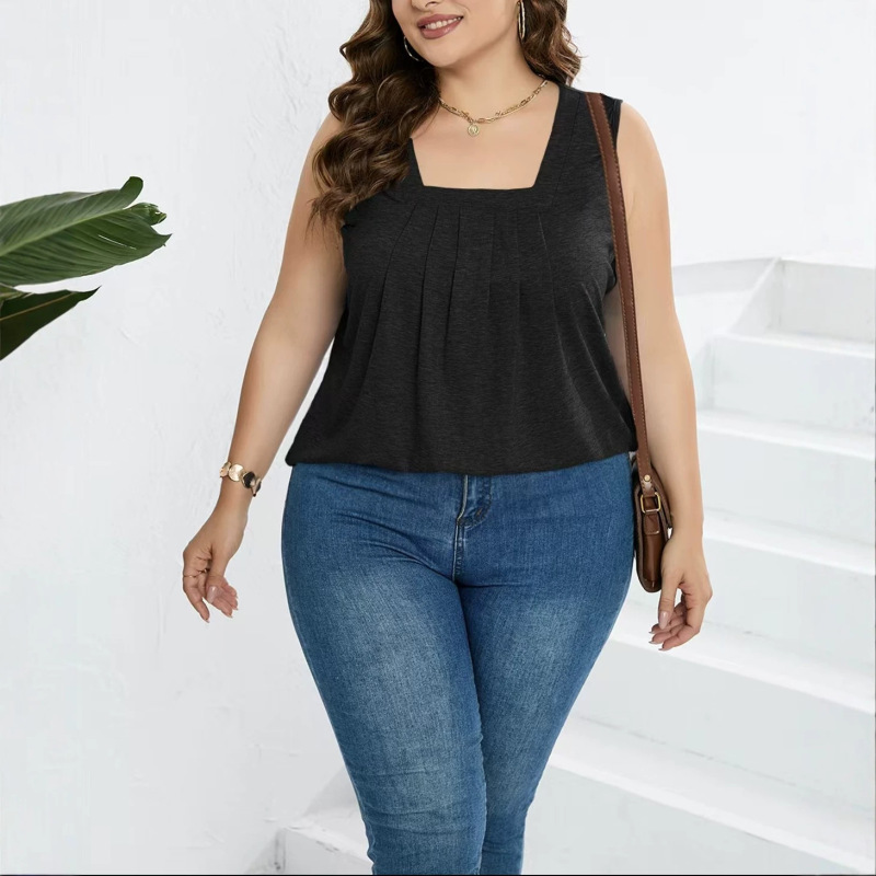 European and American Style Plus-Size Square-Neck Sleeveless Vest, Summer Solid Color Plus-Size Sleeveless Top