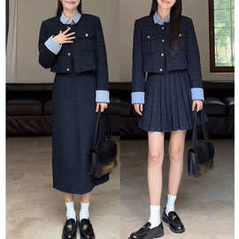 时髦设计感小香风套装2024秋冬新款气质假两件连衣裙夹棉外套女装