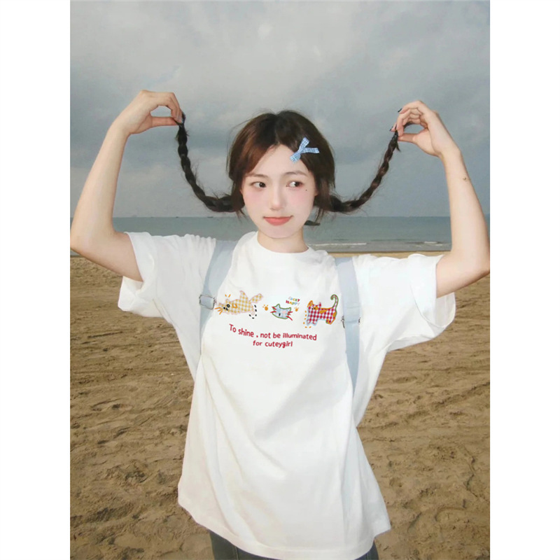 2025 New Arrival All-Match White Short-Sleeved T-Shirt Summer Women's Small Cotton chubby girl Loose Ins Summer Lazy Style