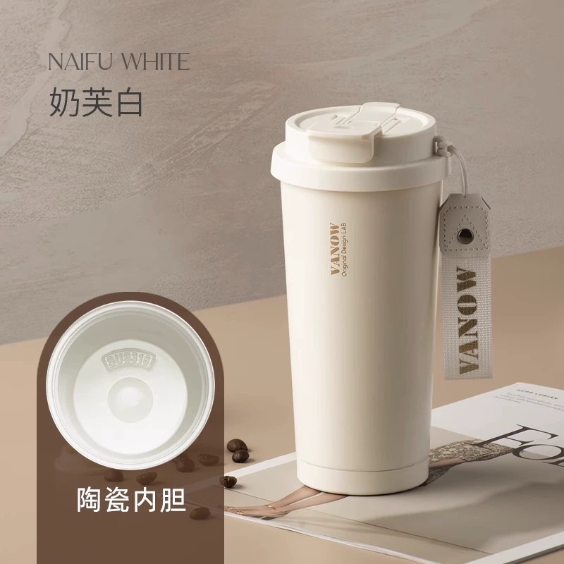 British vanow taza de café taza de vacío de alta apariencia de la muchacha revestimiento de cerámica de acero inoxidable portátil de paja taza de agua