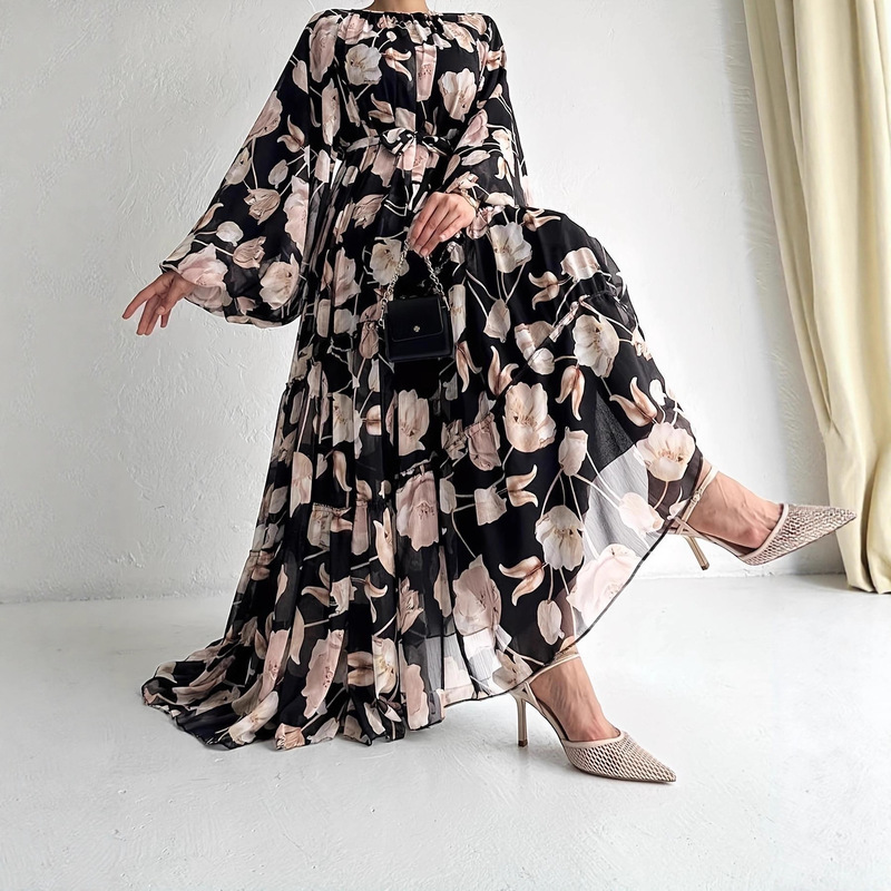 Amazon's Best-Selling Ethnic Style Floral Lace-Up Layered Flared Sleeve Floor-Length Dress