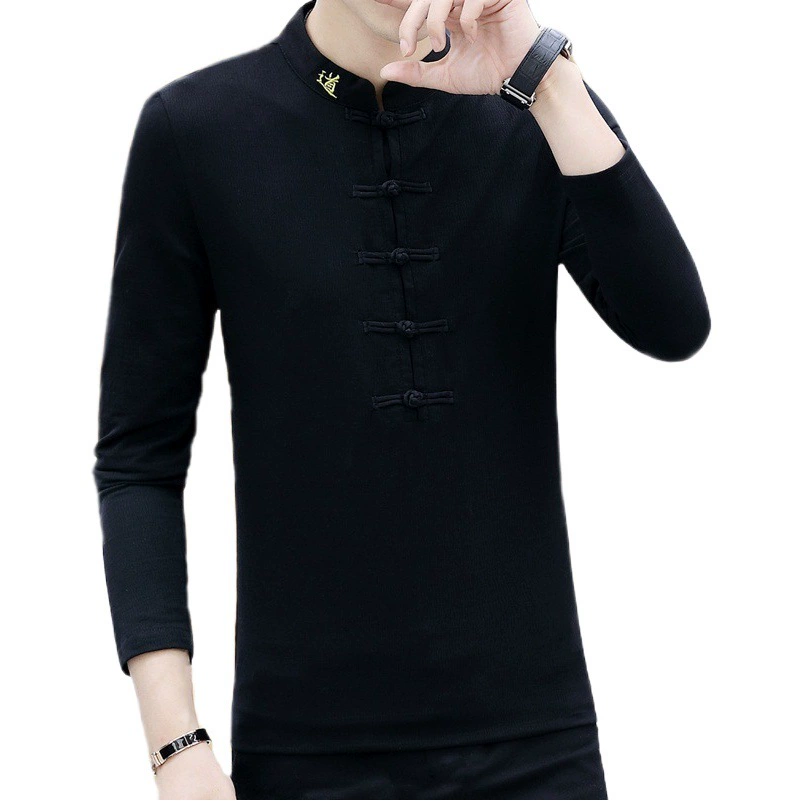 Весенне-осенняя Молодежная Повседневная Этническая эластичная футболка ханьфу с воротником-стойкой в китайском стиле с длинными рукавами, нижняя рубашка, Мужской Топ