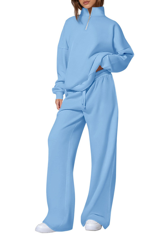 独立站女式休闲两件套2025秋季半拉链运动衫直筒裤运动服旅行套装|undefined