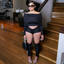 D25ST431外贸女装性感一字肩翻领上衣纯色修身超短裤小腿袜套三件