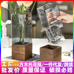 メーカー直発方形木座ガラス花瓶透明客間装飾装飾品創意軽豪華百合生け花器