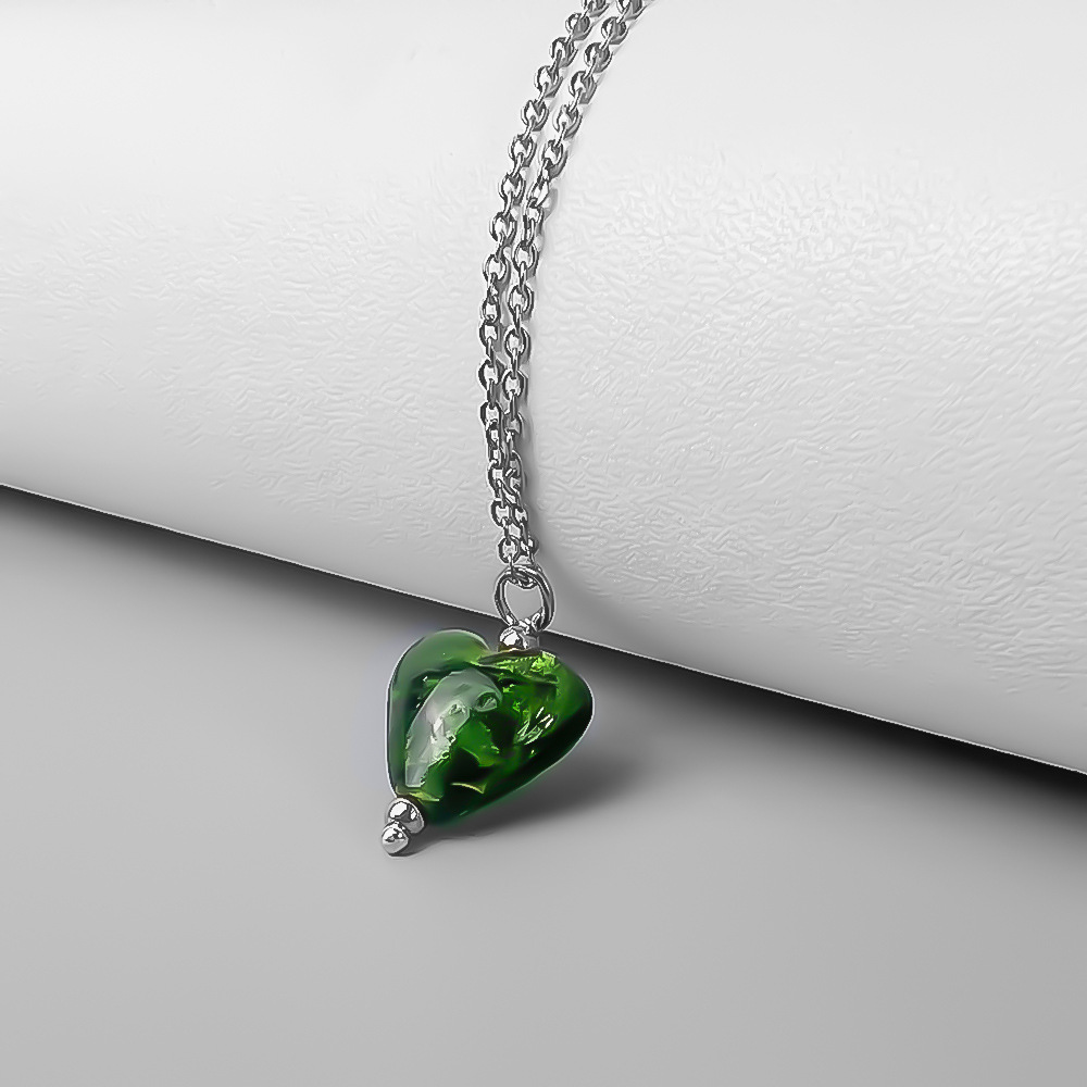 Stainless Steel, glass Material Heart Shape Pattern Retro Heart Shape Stainless Steel Glass Plating Pendant Necklace