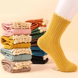 Socks Women's Mid-tube Japanese Style Women's Socks Autumn and Winter Students Korean Style Solid Color Real Llace Socks Personalized All-match Ins Trendy