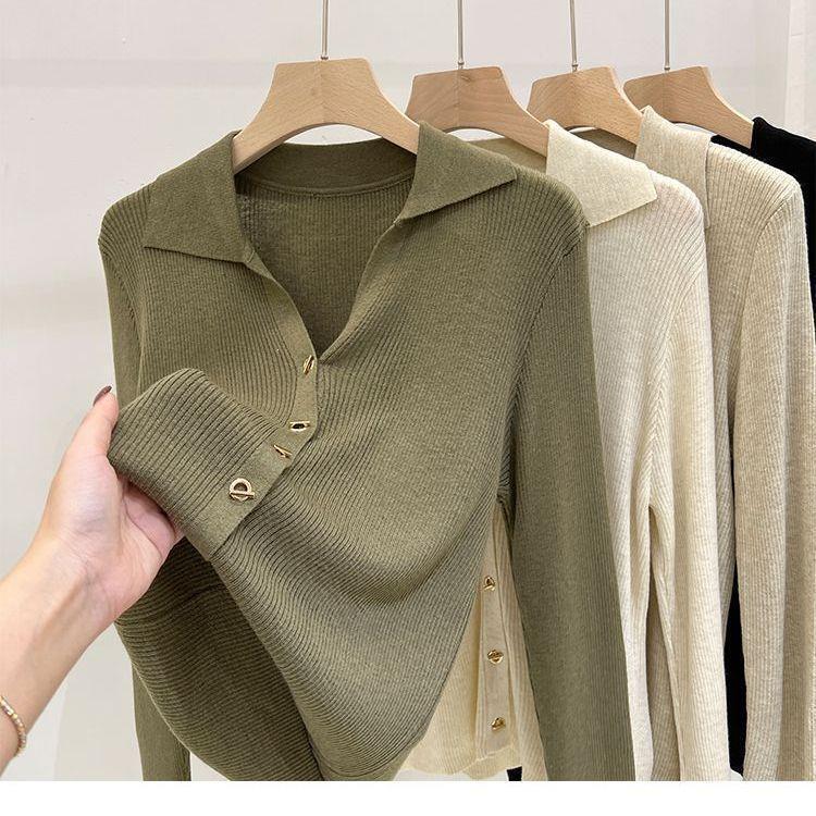 Polo collar, elegant base layer top for women, suitable for spring and autumn, slim-fit design, knitted cardigan, early spring top