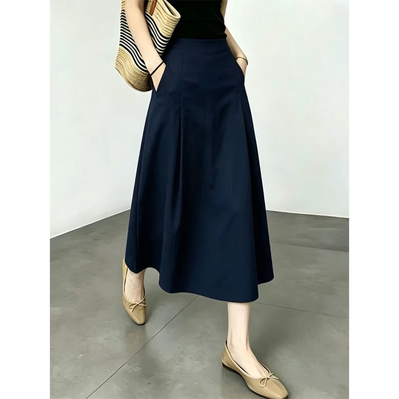 2026 Summer New Navy Blue A-line Skirt for Women, Commuting High-Waisted Slimming Hip-Covering Draped Mid-Length Umbrella Skirt