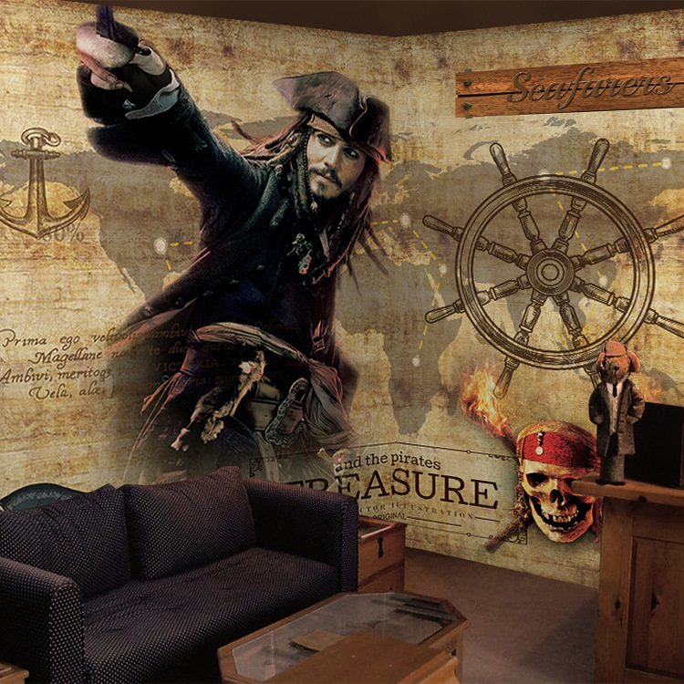 复古怀旧背景墙纸个性餐厅酒吧加勒比海盗船壁纸壁画航海地图墙布