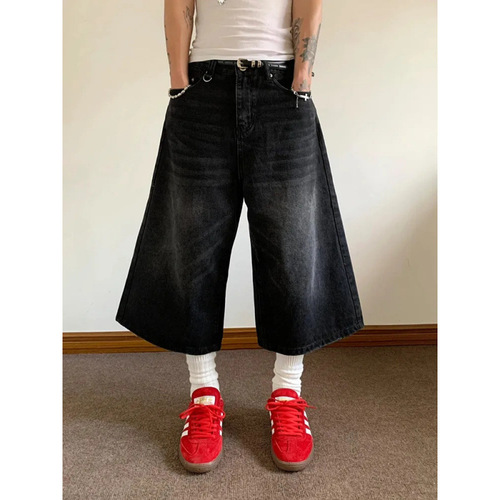 American seven-quarter denim retro shorts 2025 summer new high-waist loose black washed wide-leg straight pants