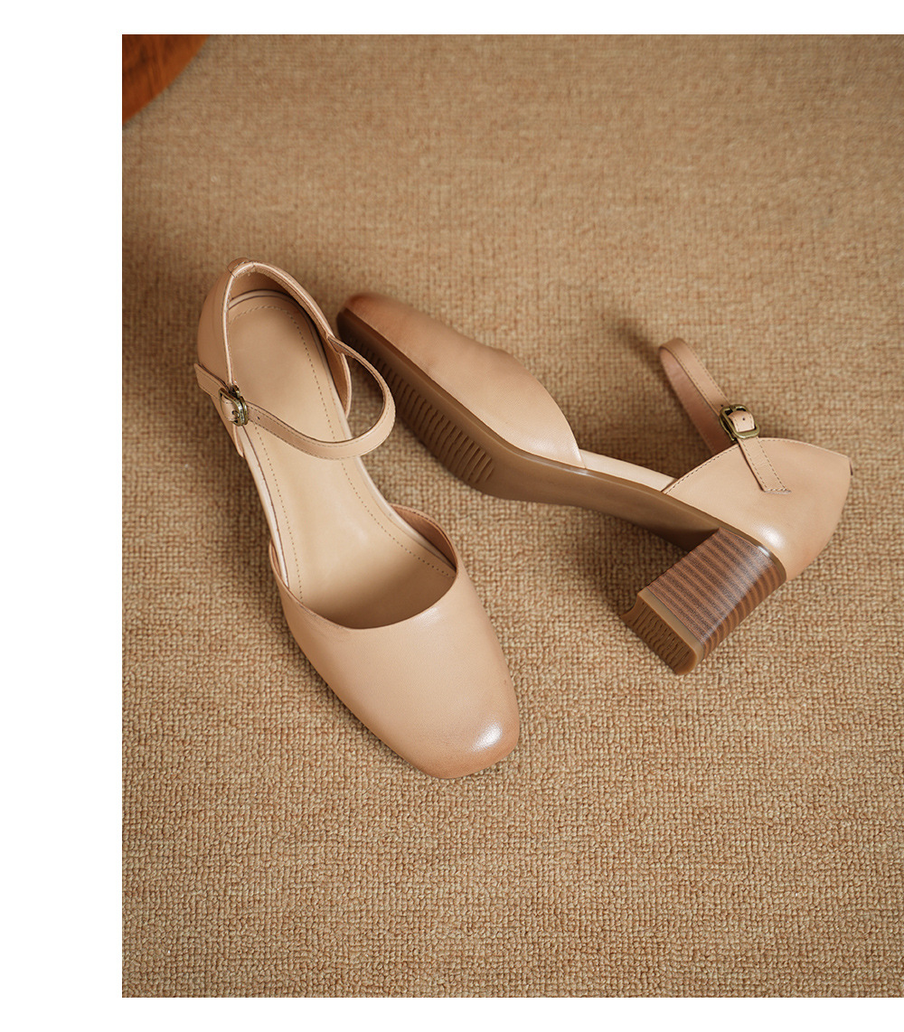 Giày sandal cao gót nữ quai ngang mũi vuông gót 6 cm — Màu hồng chi tiết 12
