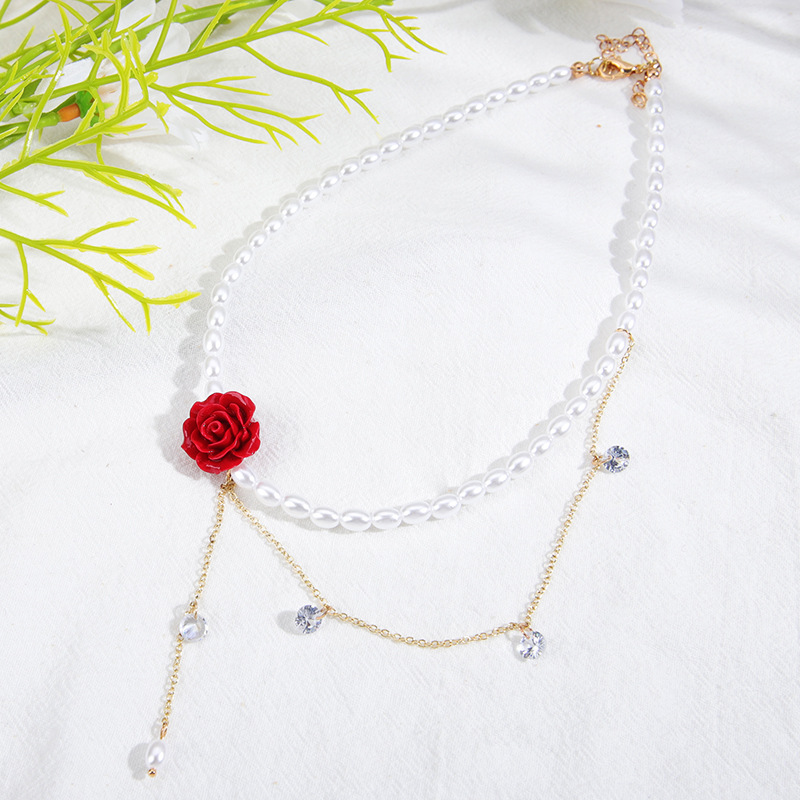 Holiday Occasion Imitation Pearl, Alloy Material Rose, Flower Pattern Women'S Gender Sweet Rose Flower Rhinestones Imitation Pearl Alloy Choker Wholesale