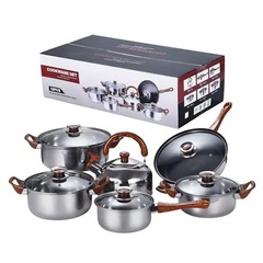 Cross-border supply stainless steel 12-piece set pot with kettle and pot combination wood grain handle soup pot frying pan set