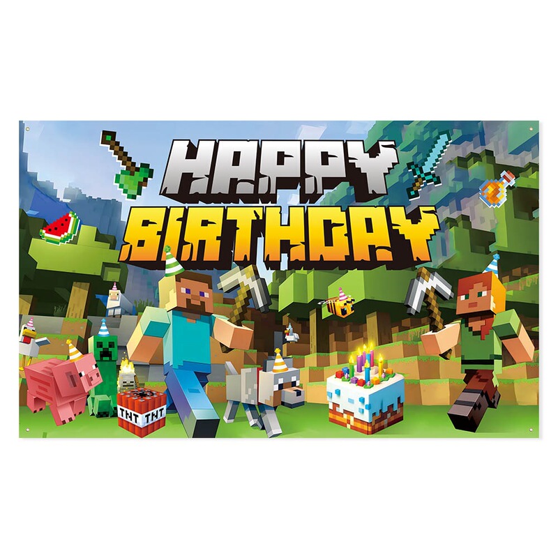 マインクラフト 誕生日パーティー デコレーションセット ピクセルバトル ハッピーバースデー フラッグ ケーキ デザート デコレーション|undefined