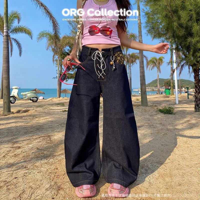 American Retro Leopard Print Splicing Scimitar Jeans for Men and Women with Design Silhouette 2025 New Strap Casual Pants