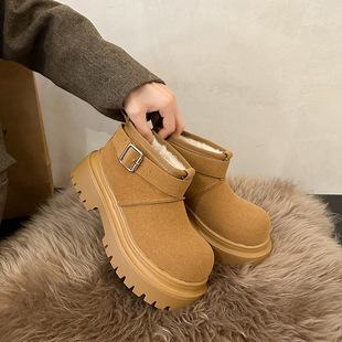 Big Head Winter Thickened Loaf Snow Boots Women's 2024 Thick Bottom fleece-lined Warm Sleeve Ankle Boots English Style Rhubarb Boots