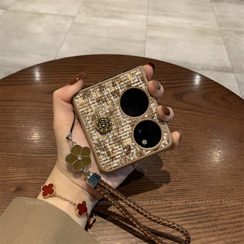 Brown Phantom Woven Pattern Camellia Suitable for Huawei Pocket2 Mobile Phone Case Foldableing Screen Pockets Protective Cover