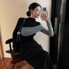 韓国系のデザイン感は色の半高襟の長袖のtシャツの女性の秋冬の独特な気質にぶつかって身を修める上着をつなぎ合わせます。