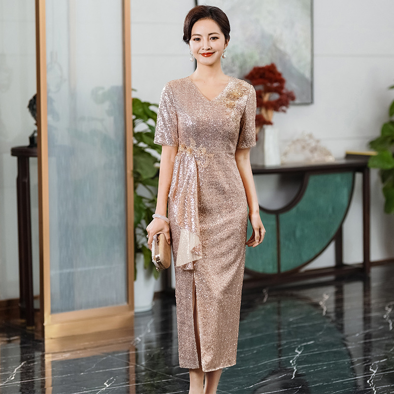 Evening Dress Elegant Sequins High-end Mother-in-law Banquet Evening Dress Summer New Fashion Slim-fit Mother Toast Dress Evening Dress Elegant Sequins High-end Mother-in-law Banquet Evening Dress Summer New Fashion Slim-fit Mother Toast Dress