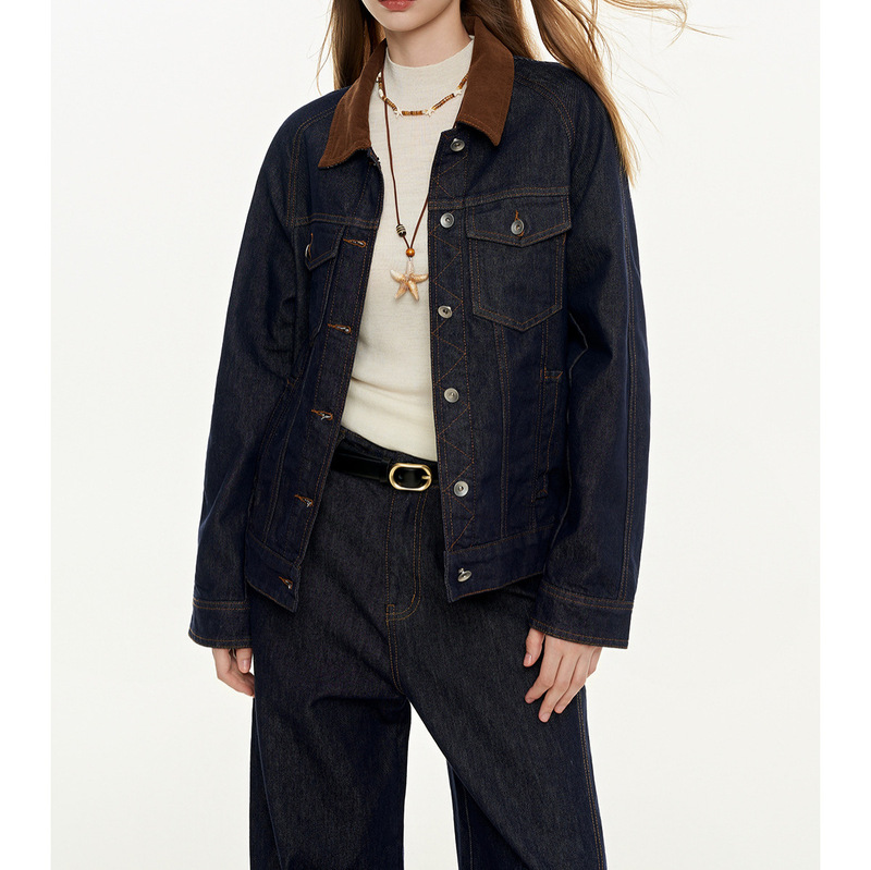 Moodberry American Retro Denim Jacket Women's Autum New Contrast Color Lapel Versatile Casual Top