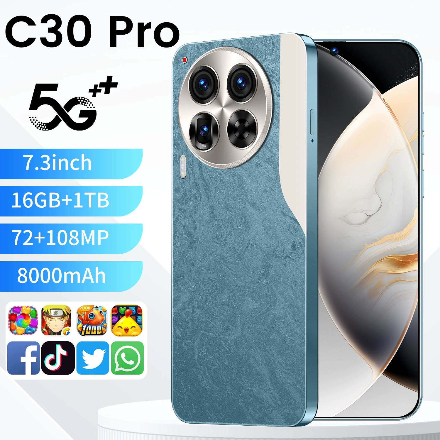 Смартфон Android C30 Pro 16+1T, 3 цвета (Белый/Черный/Морской синий)