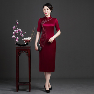 Heavy Acetate Satin Long-Sleeve Dress 2023 New Young Mother Wedding Banquet Dress Cheongsam New Chinese Style