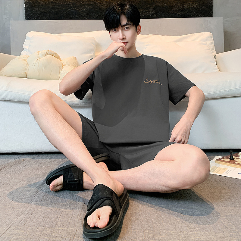 100% 純綿パジャマ男性半袖夏の薄いタイプの青少年カジュアルでゆったりした綿100% の家庭服セット