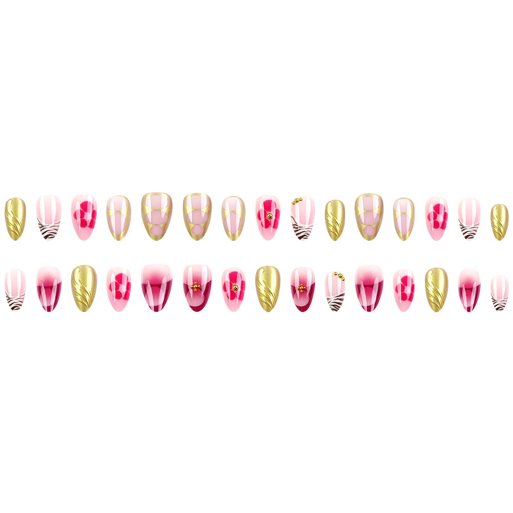 Relieve transfronterizo de diamante de manicura de textura cebra LIP oro de estilo elegante desgaste de uñas de oro rosa gradiente parche de uñas