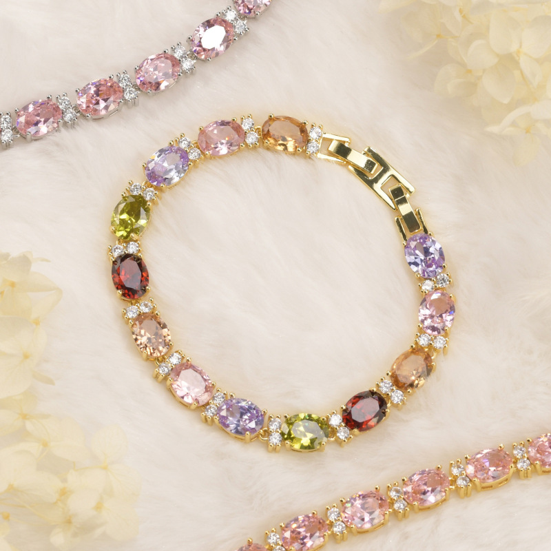 European and American Fashion Exquisite Zircon Jewelry for Women, Micro-Inlaid Sapphire Colorful Sparkling Diamond Electroplated Bracelet, Versatile New Style Sugar Cube Design European and American Fashion Exquisite Zircon Jewelry for Women, Micro-Inlaid Sapphire Colorful Sparkling Diamond Electroplated Bracelet, Versatile New Style Sugar Cube Design