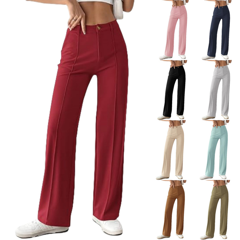 Cross-Border European and American Amazon Women's New Elastic Button Knit Straight-Leg Loose Wide-Leg Casual Pants with Pockets
