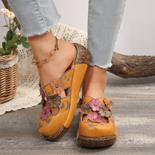 Cross-border 2024 Summer New Style Baotou Sandals and Slippers Ethnic Style Platform Bottom Flower Handmade Thick-soled Retro Women's Sandals