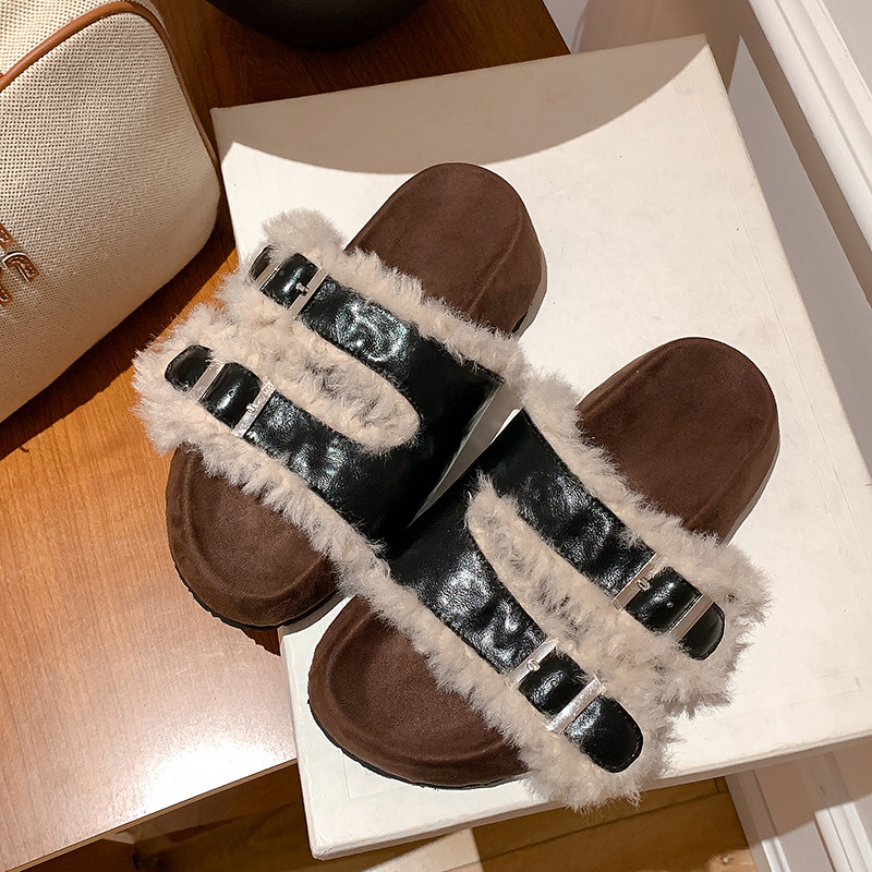 2025 modelo de otoño Mocha Otoño ~ calentamiento con hebilla de lana de cordero gruesa zapatillas de cuero de mujer