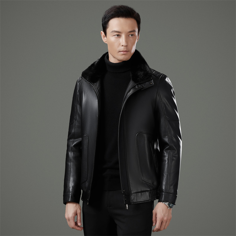 Haining Men's Winter Leather Jacket Mink Fur Collar Goatskin Jacket Middle-Aged Dad's down Liner Jacket