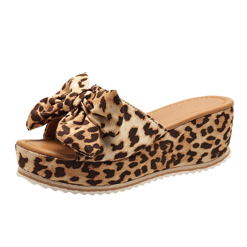 Women's Casual Vacation Solid Color Leopard Bowknot Round Toe Wedge Slippers display picture 22