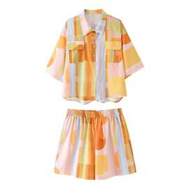 2025春季新品欧美跨境女装棉麻印花短袖衬衫+短裤套装 w028 6675