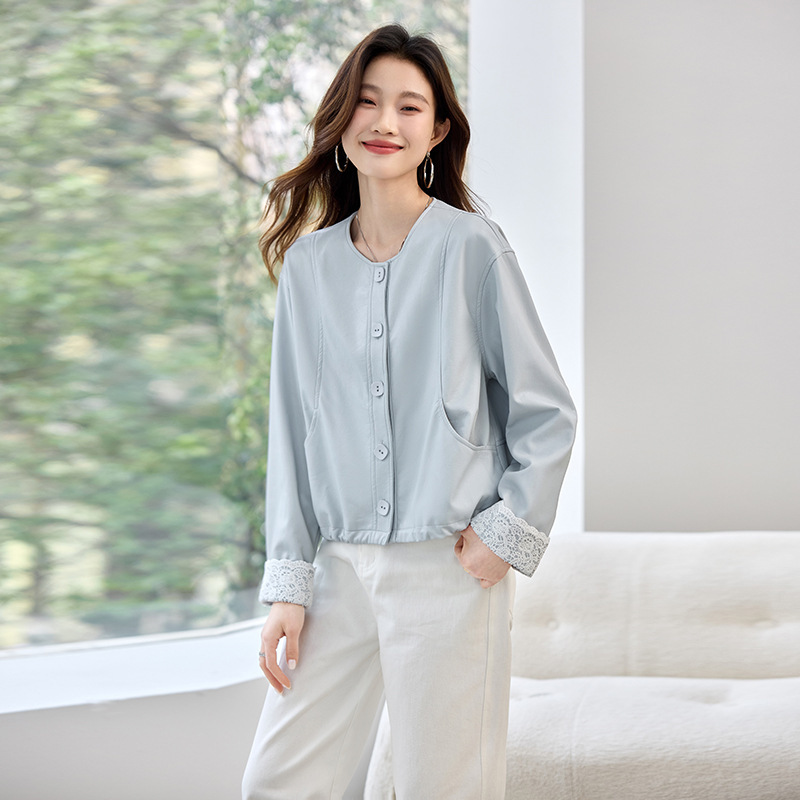 2025 spring new fashion lace stitching round neck single-breasted PU leather coat women's jacket leather YL723