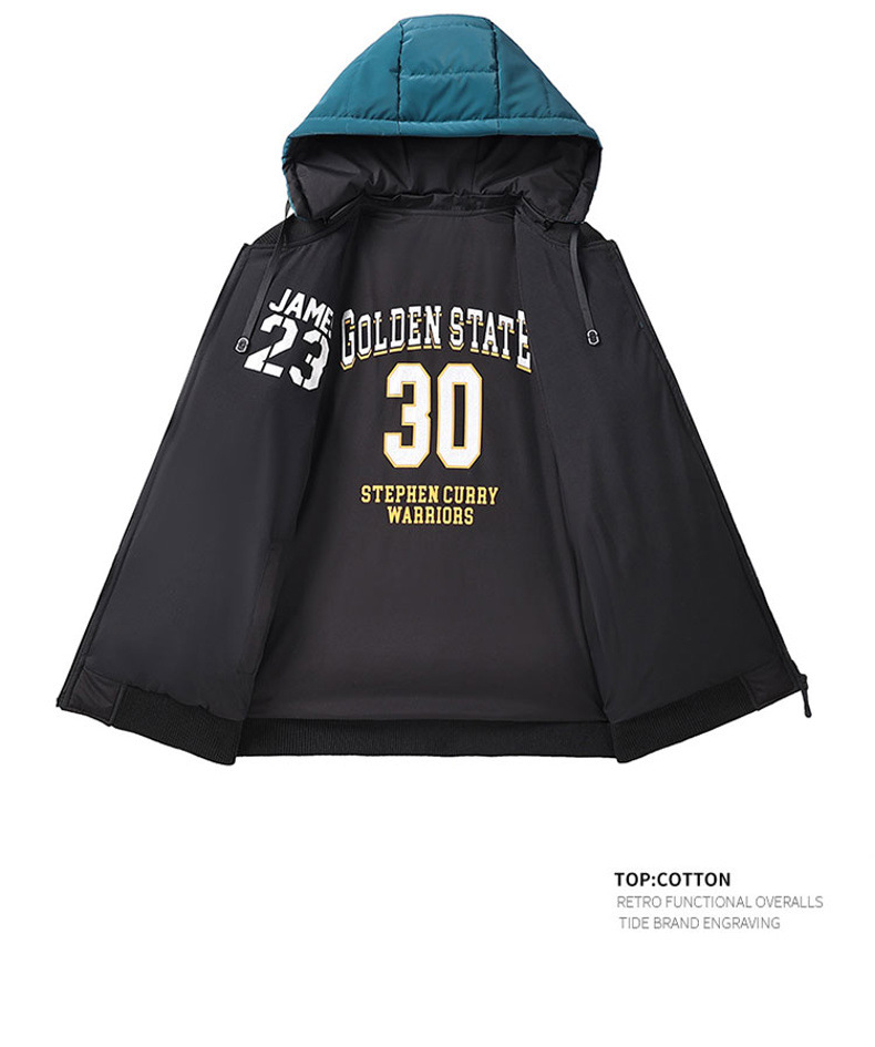 Wattierte Herrenjacke mit Stickerei, Daunenfüllung, dicker Baumwolle, kontrastfarbenem Futter, lockerer, abnehmbarer Mütze und doppelseitiger Kapuze_voghion.com