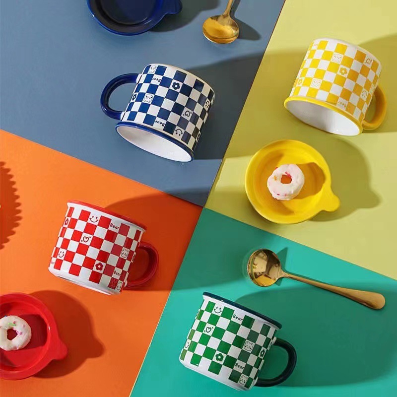 港風陶瓷馬克杯創意棋盤格帶蓋水杯喜鋪伴手禮水杯加制logo禮品杯